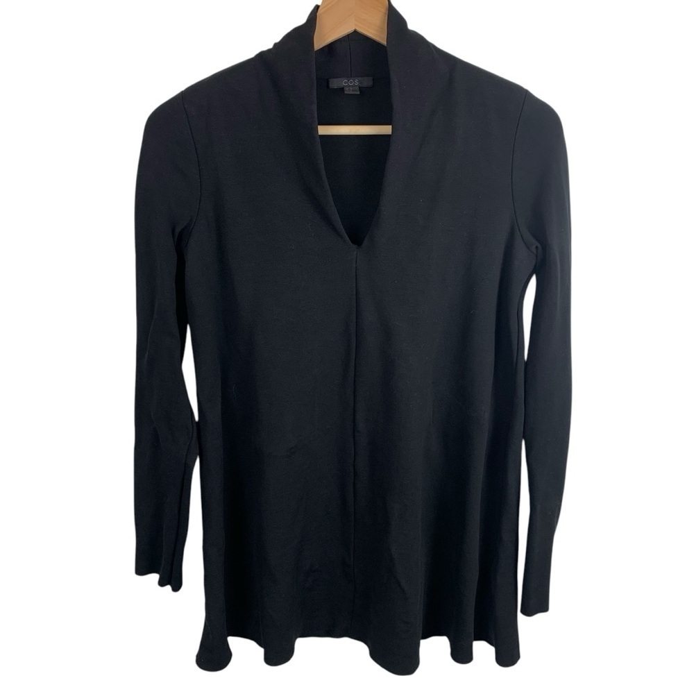 COS Black V-Neck sz XS Long Sleeve Tunic Top Stretch Classic Minimalist - Picture 2 of 7